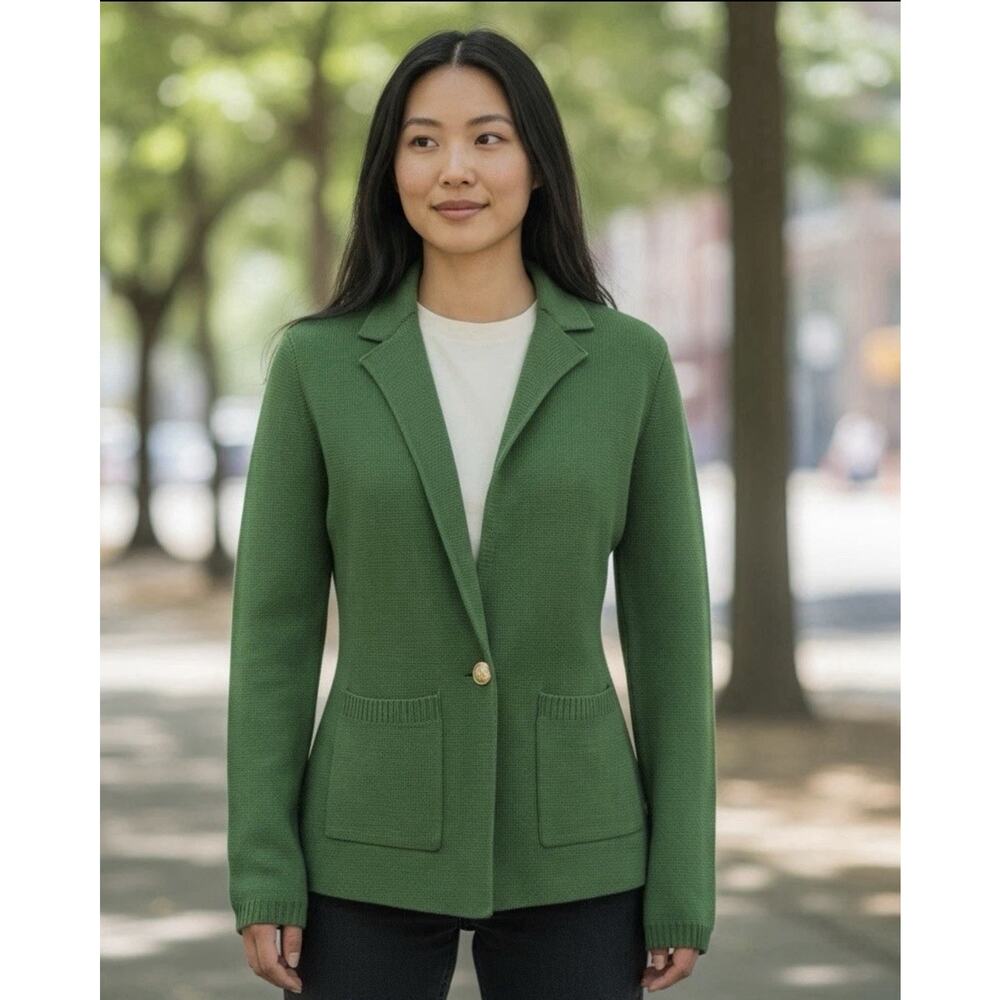 L’AGENCE Kelly Green Lacey Single Gold Button 2 Pocket Knit Blazer Sz S/P